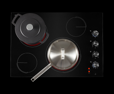 A JennAir Cooktop. On one burner is a lidded pot and on another is a lidded pan.